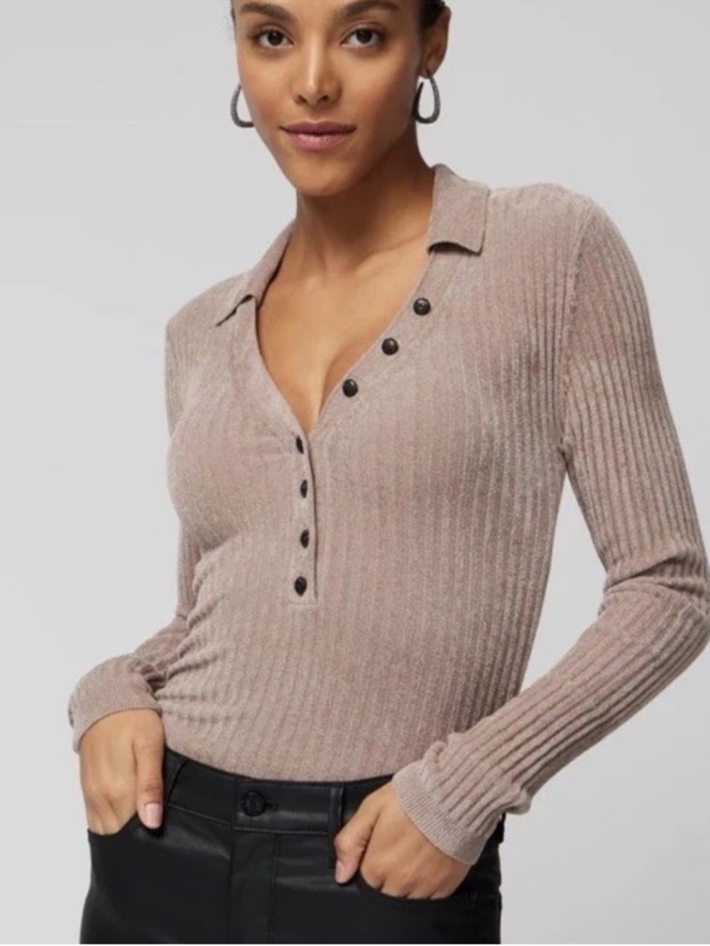 White House Black Market S Chenille Ribbed V-Neck Henley Sweater Taupe